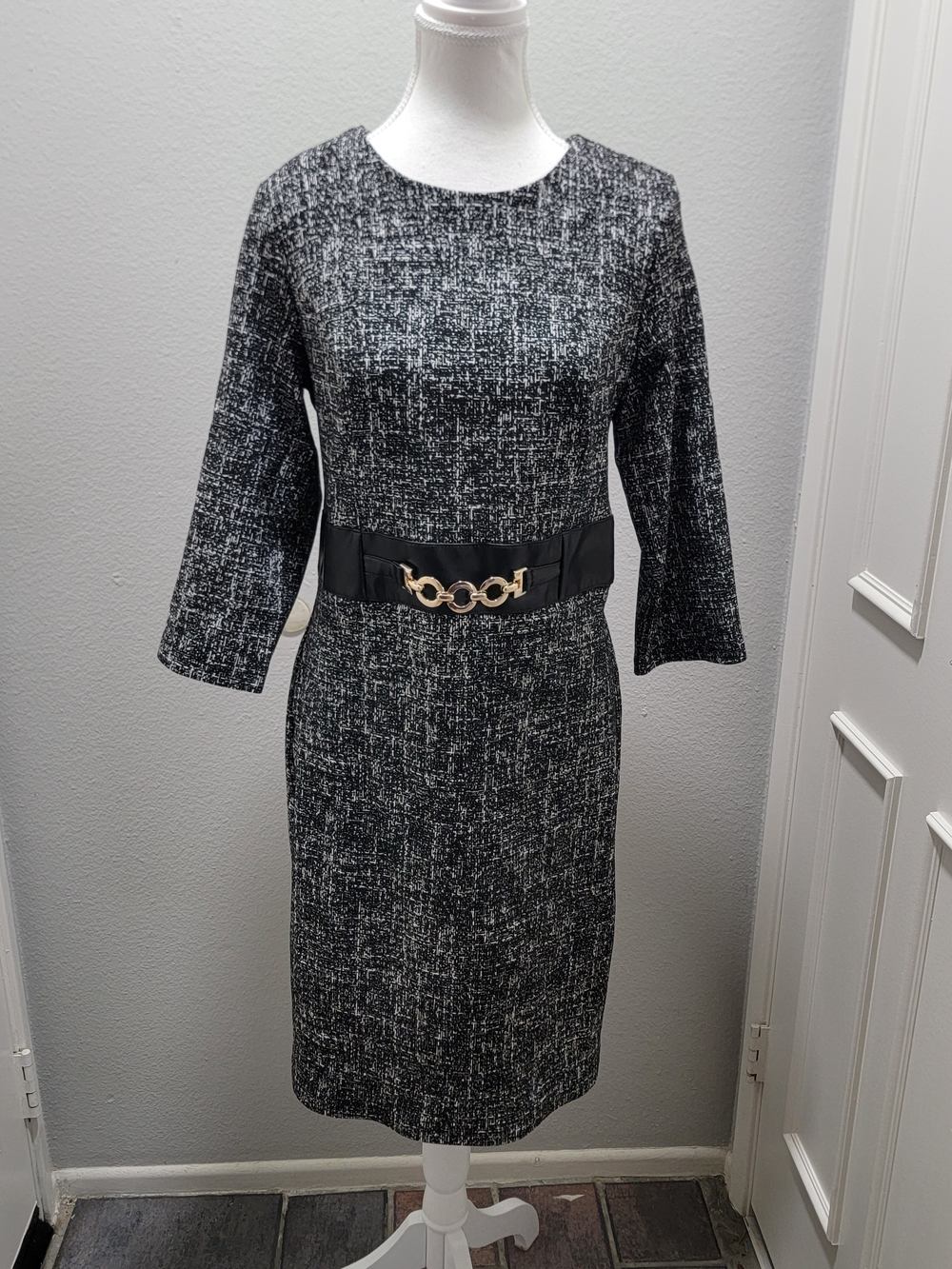 Joseph Ribkoff Black and White Tweed Midi Dress with Gold Accent
